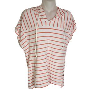 Talbots Sweatshirt Small Orange White Striped Hoodie French Terry Pocket Drawstr